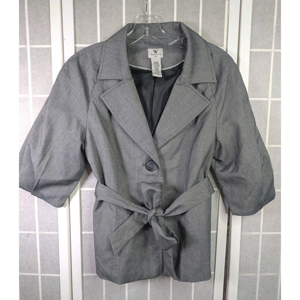 Worthington Womens Half Sleeve Blazer Petite Large Gray Herringbone Vintage Tie